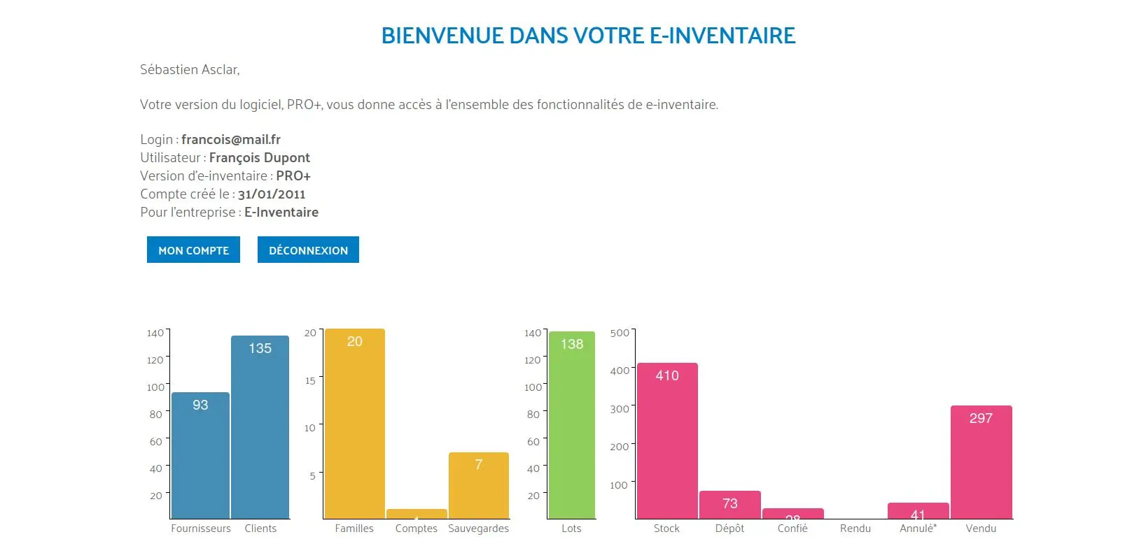 Interface du logiciel e-inventaire pour livre de police et gestion de stock